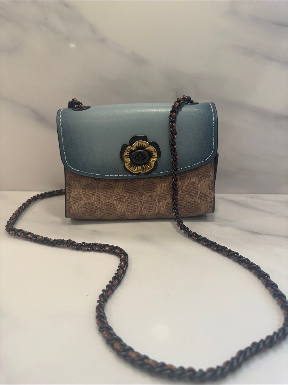 Coach Light Blue Leather & Signature Tan Canvas Floral Turn-Lock Crossbody